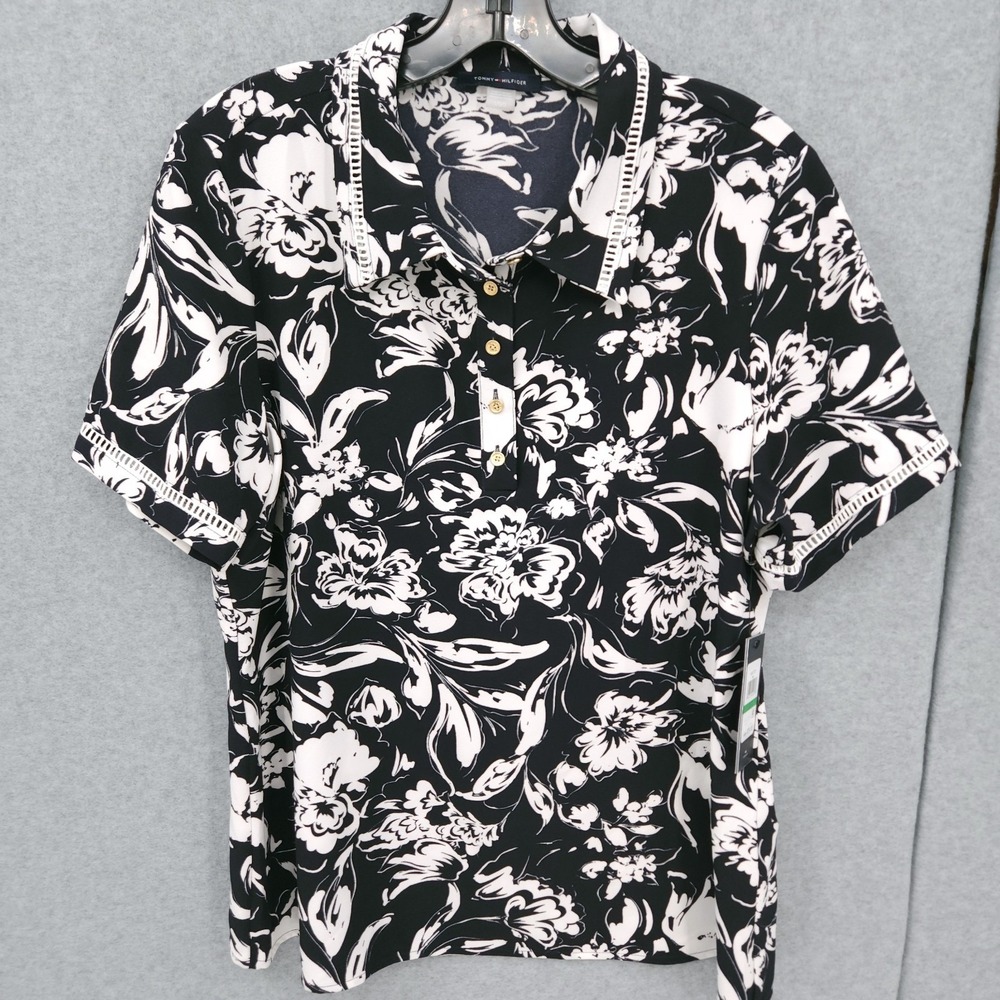 Tommy Hilfiger Floral Print Short Sleeve Collared Polo Shirt Womens Size L NWT